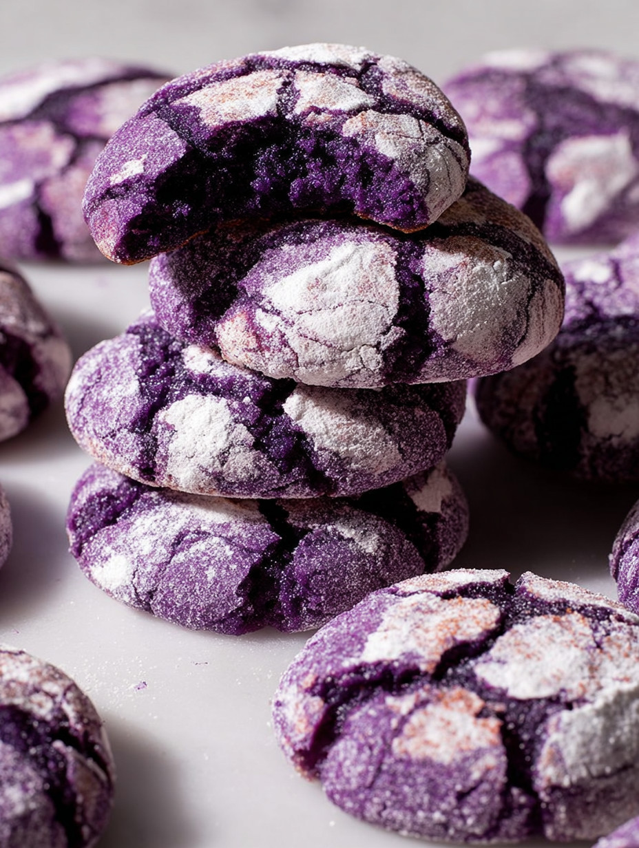 A stack of purple and white cookies.