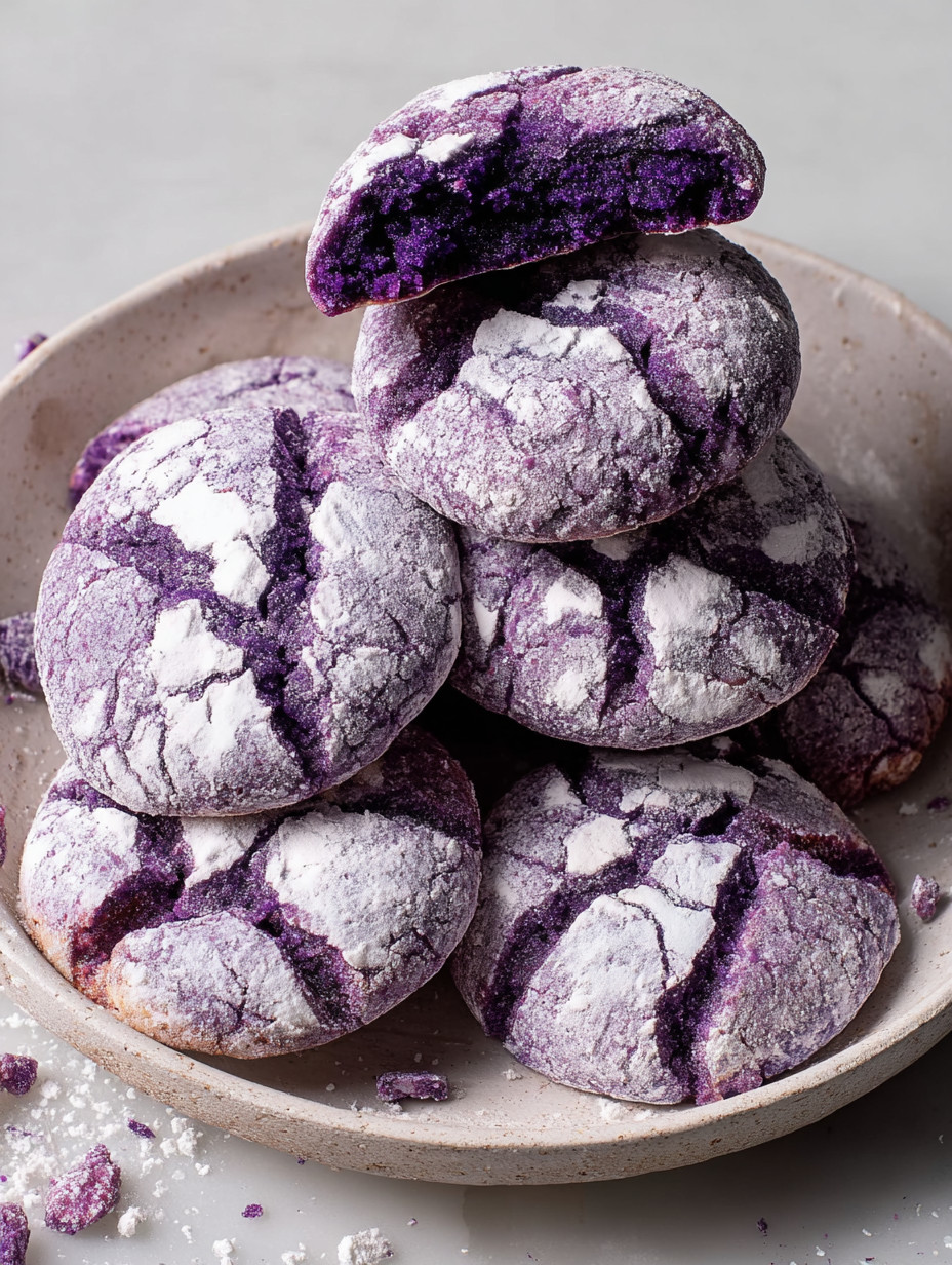 A stack of purple and white cookies.
