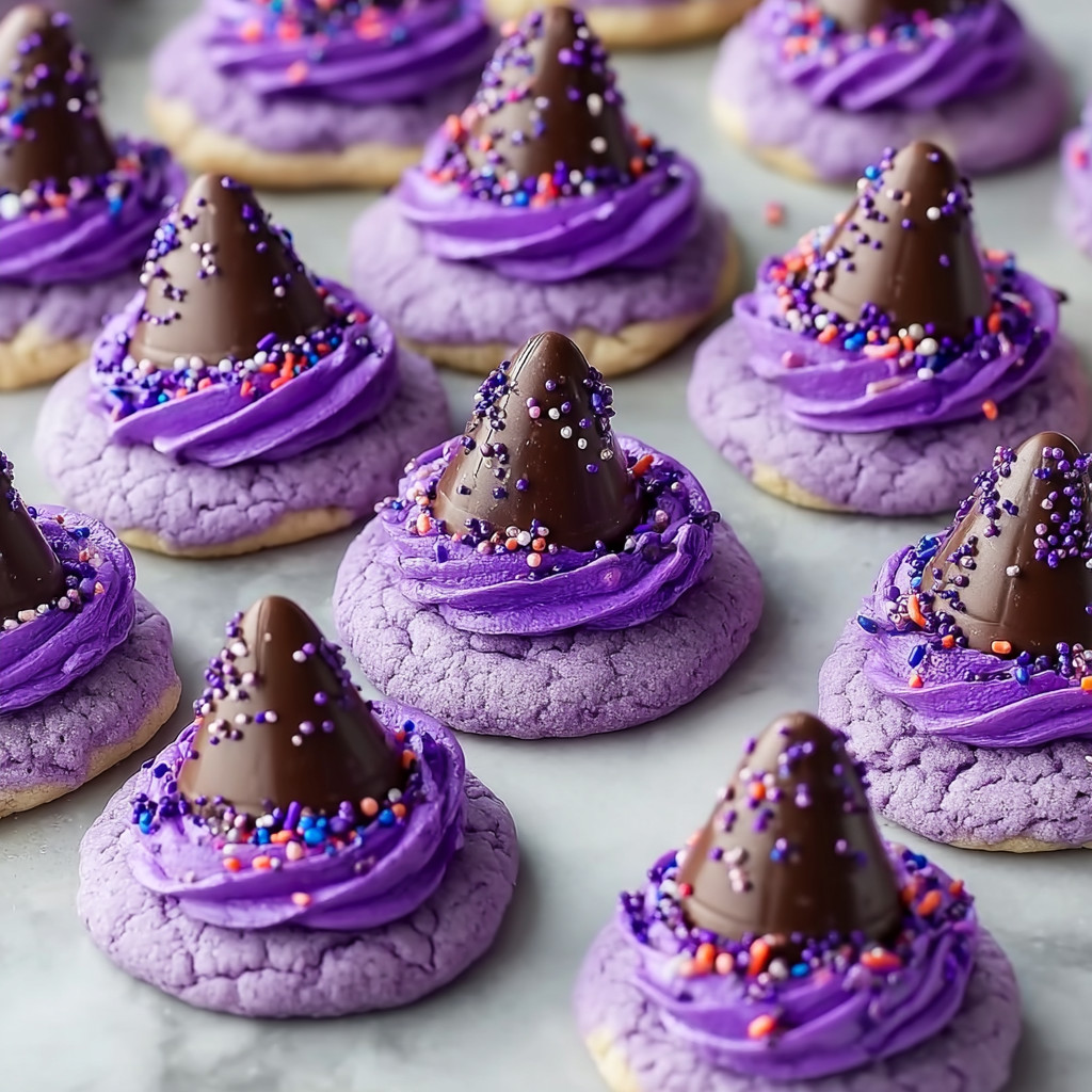 Purple witch hat cookies with chocolate drizzle.