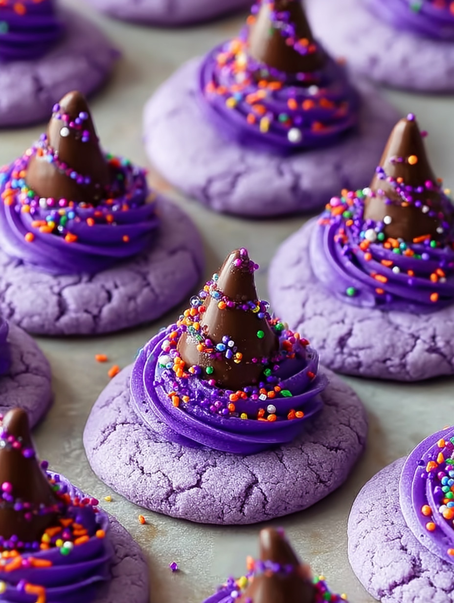 Purple cookies with chocolate toppings and sprinkles.