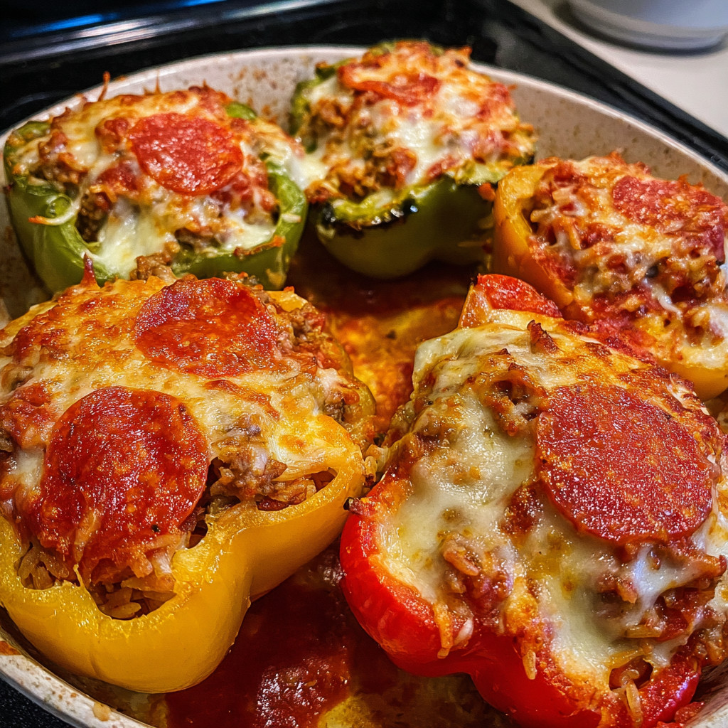 A pan of pizza stuffed peppers.