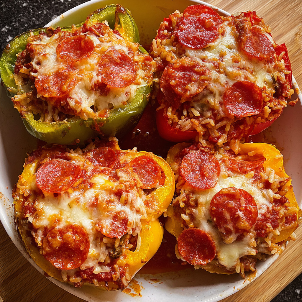 A plate of pizza stuffed peppers.