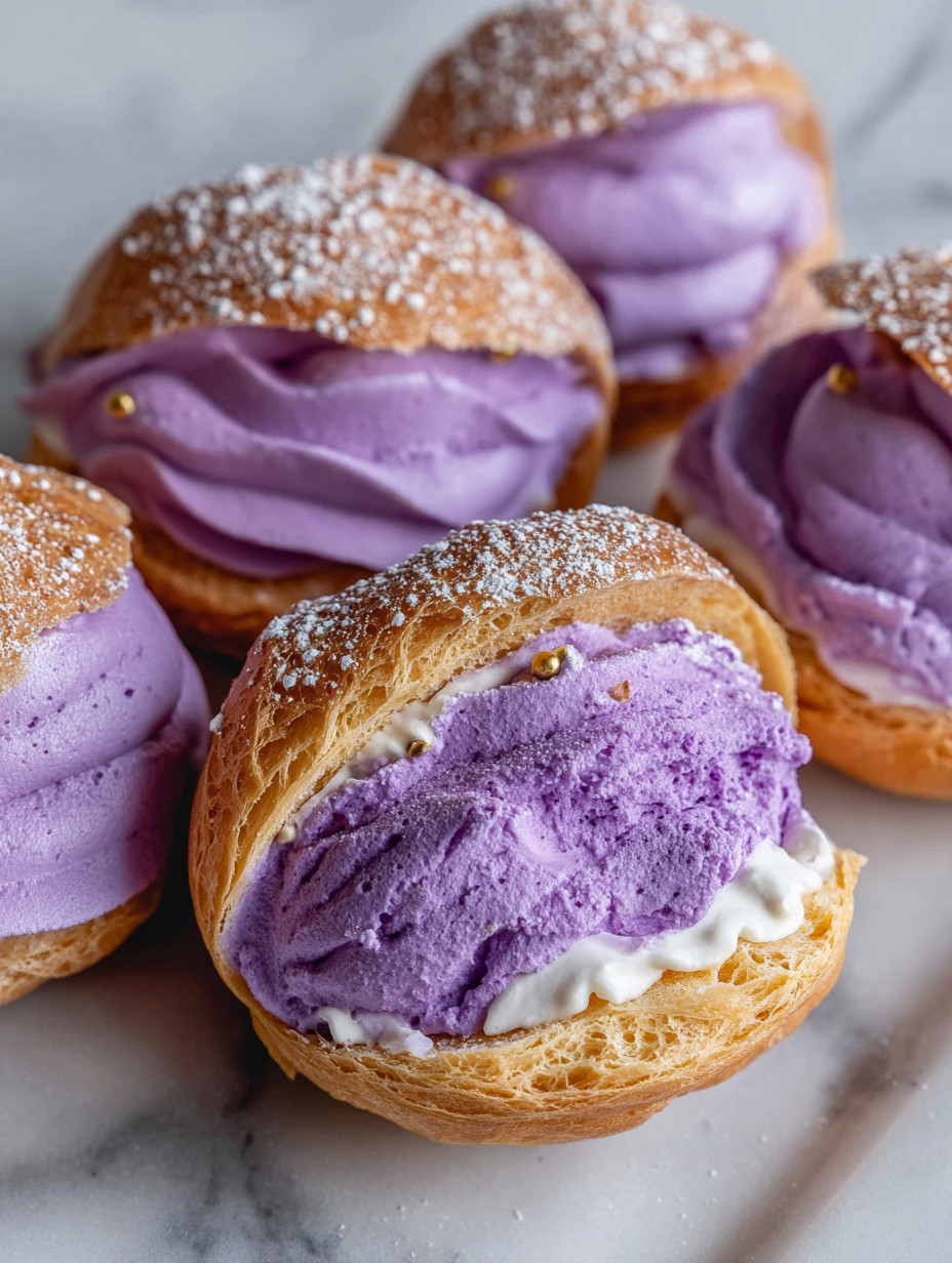 Ube cream puffs with white and purple icing.