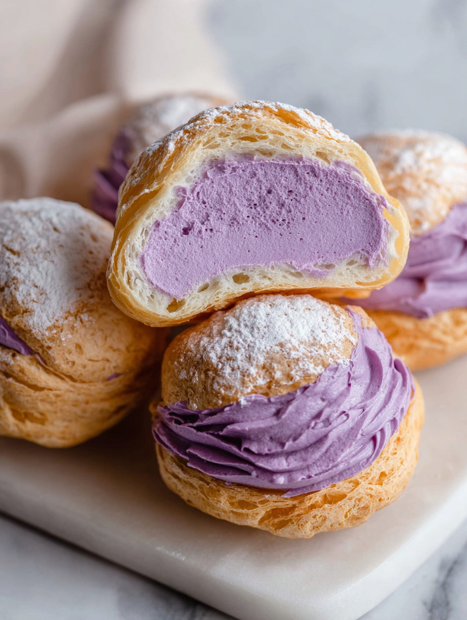 Ube cream puffs with powdered sugar on a plate.