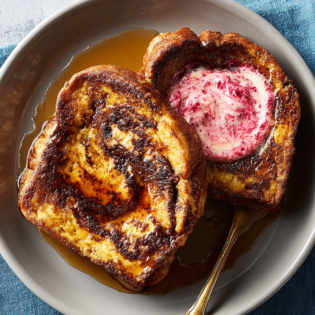 French toast with strawberry and raspberry jam.