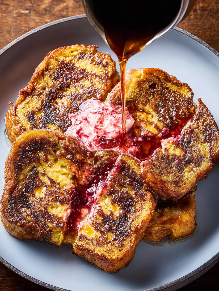 French toast with strawberry jam and syrup.