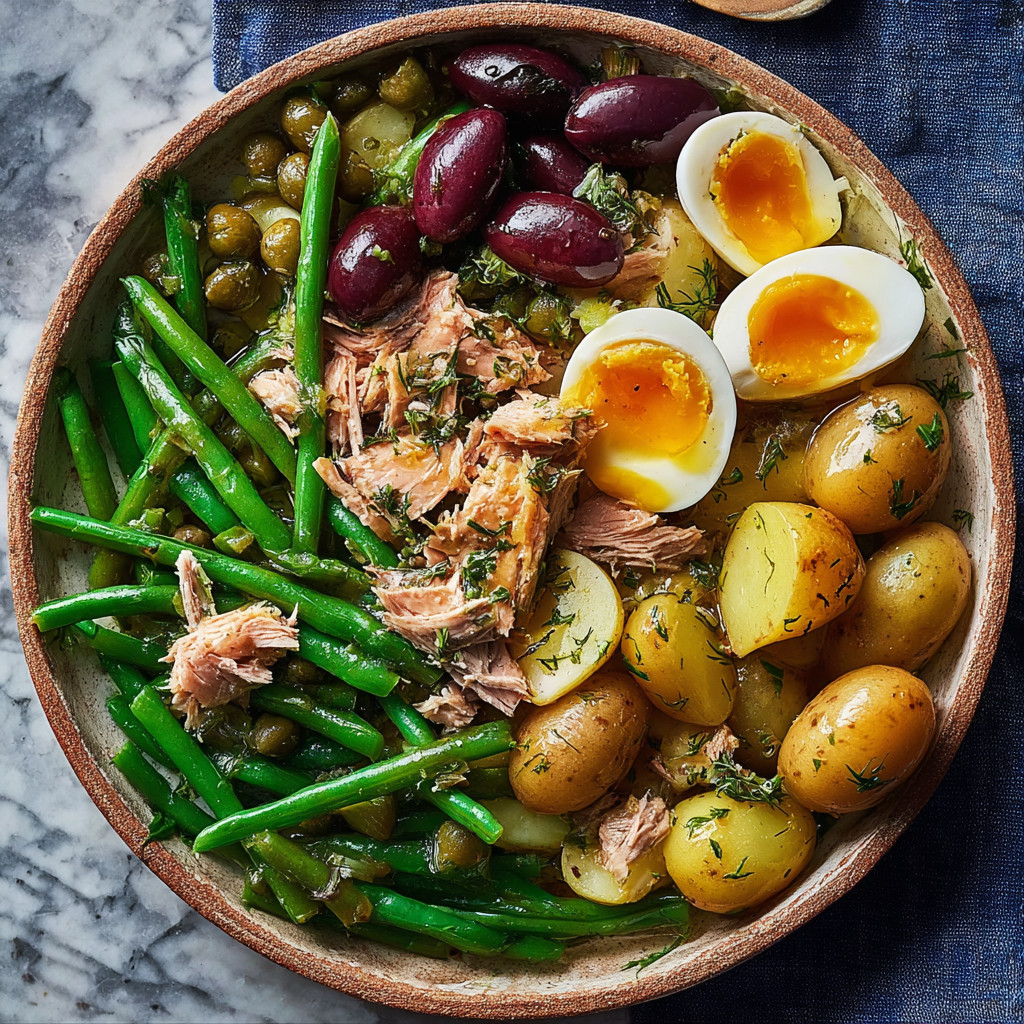 A bowl of Niçoise salad with potatoes, eggs, and green beans.