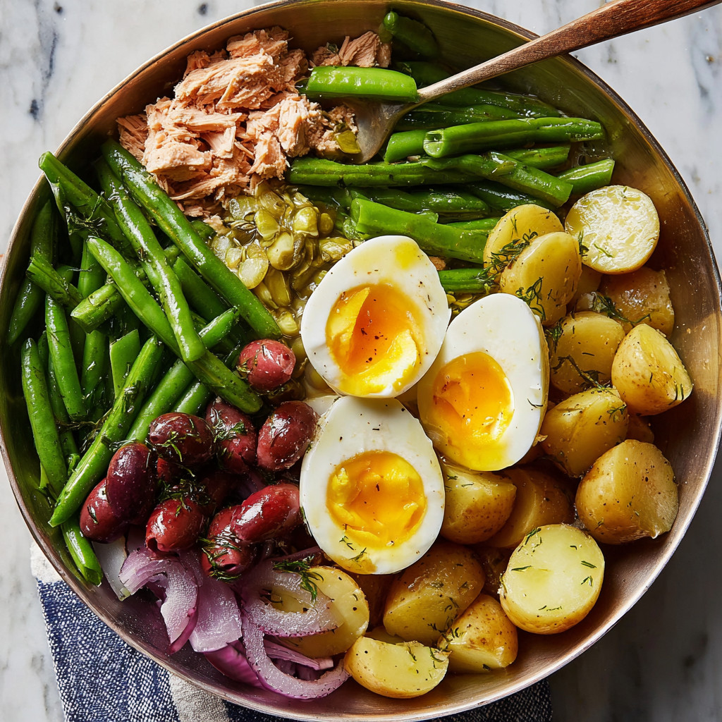 A Niçoise salad with eggs, potatoes, and green beans.