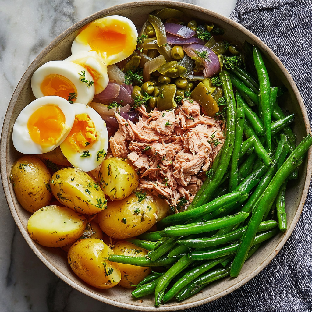 A bowl of food with eggs, potatoes, onions, and green beans.