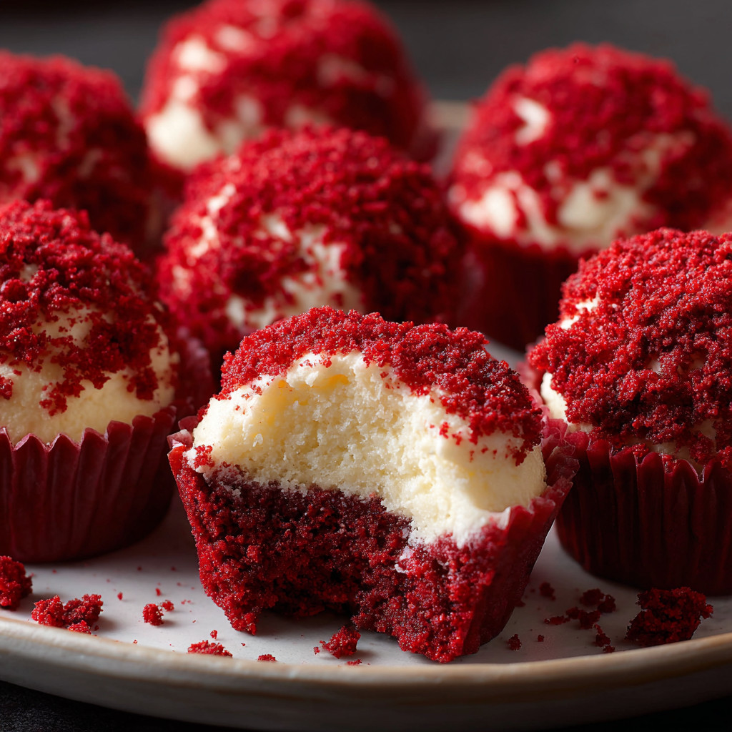 Red velvet cheesecake bites on a plate.