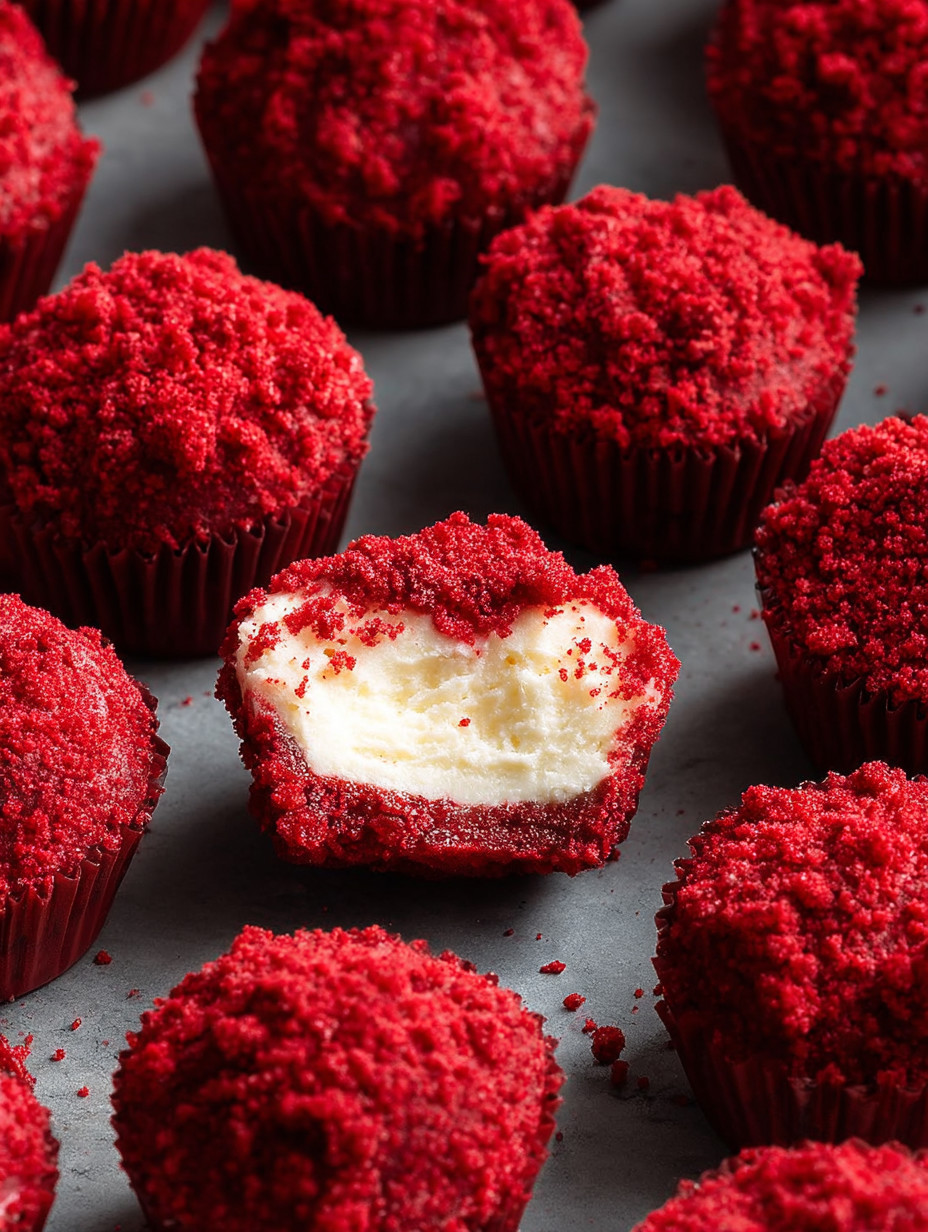Red velvet cheesecake bites on a table.