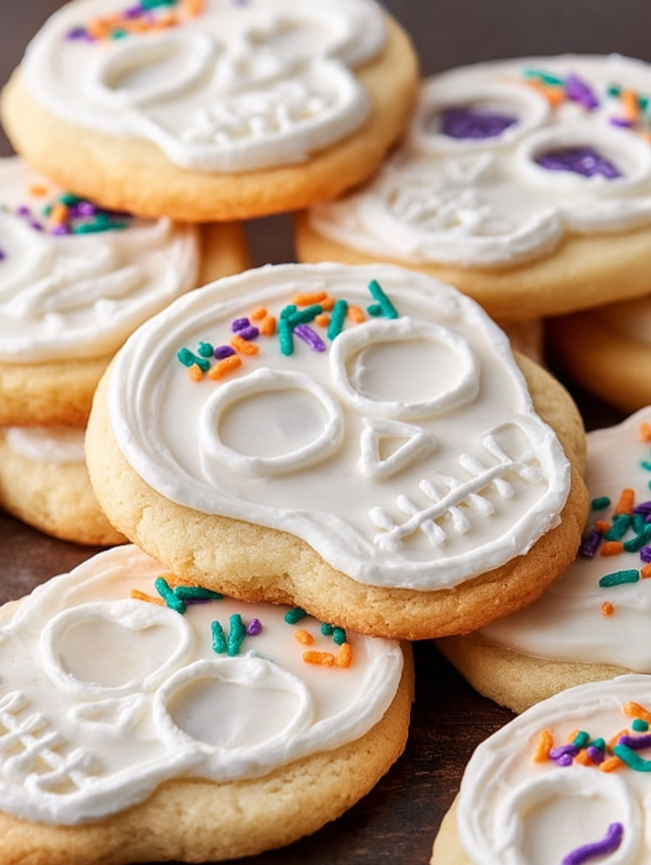 A plate of cookies decorated with skulls and skeletons.