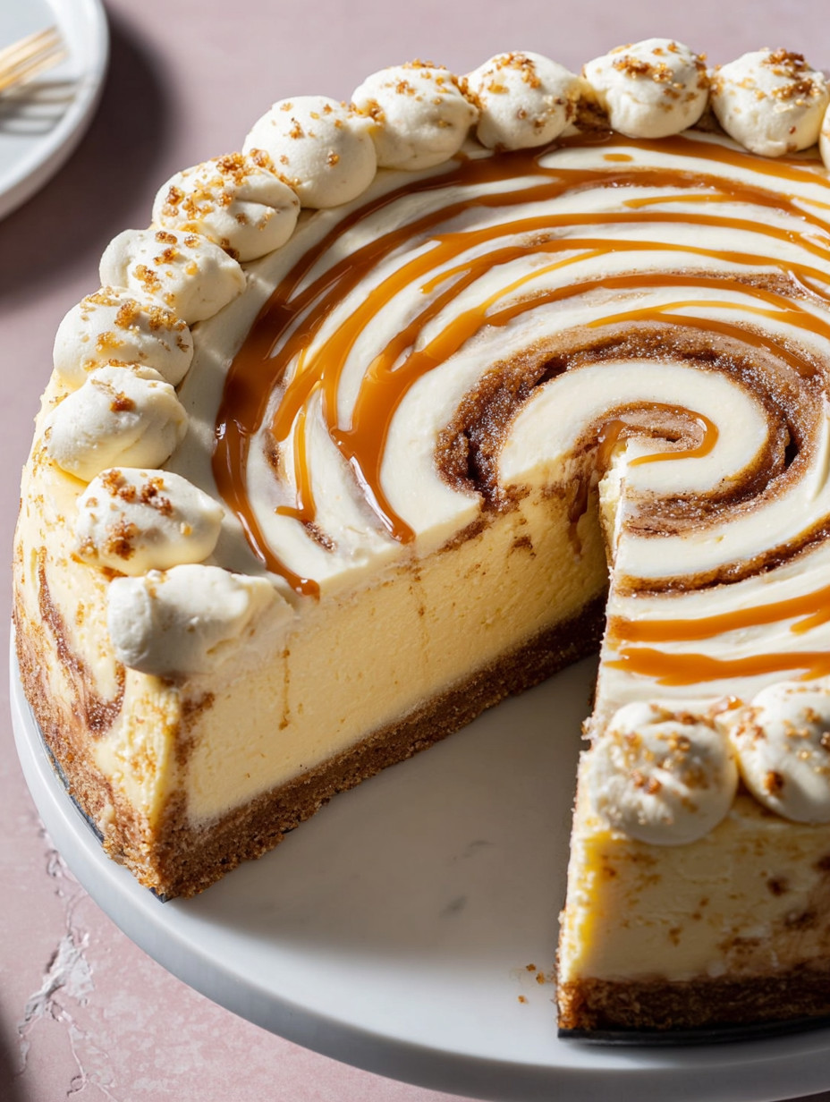A slice of cinnamon swirl cheesecake.