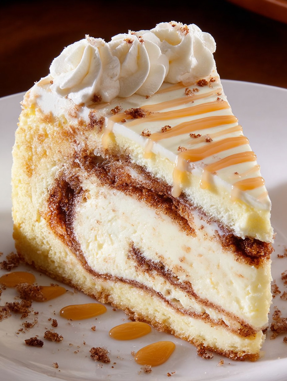 A slice of cinnabon cinnamon swirl cheesecake.
