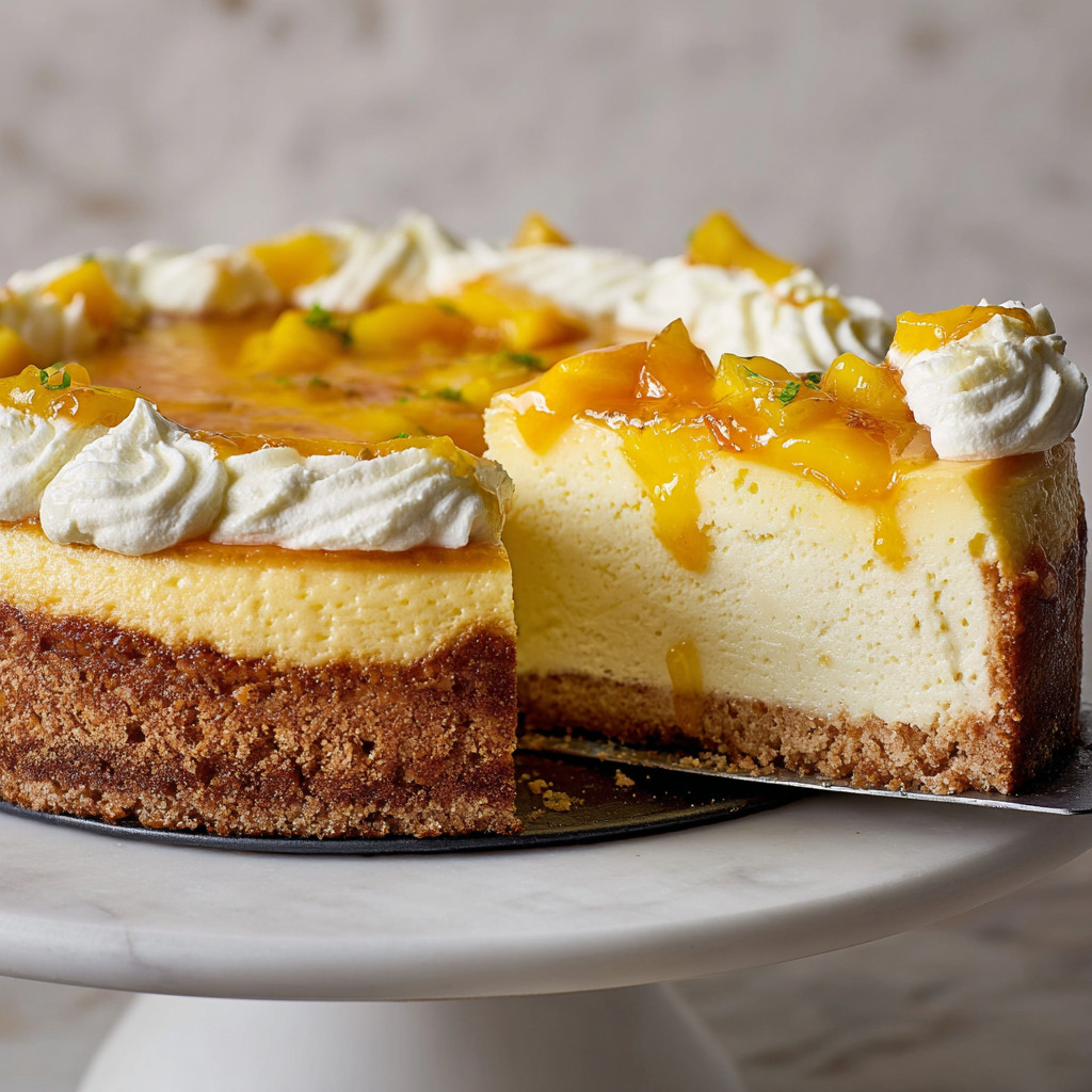 A slice of a cheesecake with mango and key lime flavors.
