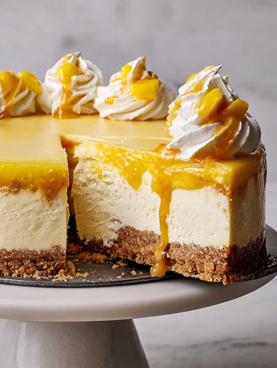 A slice of a cheesecake with a mango-key lime flavor.