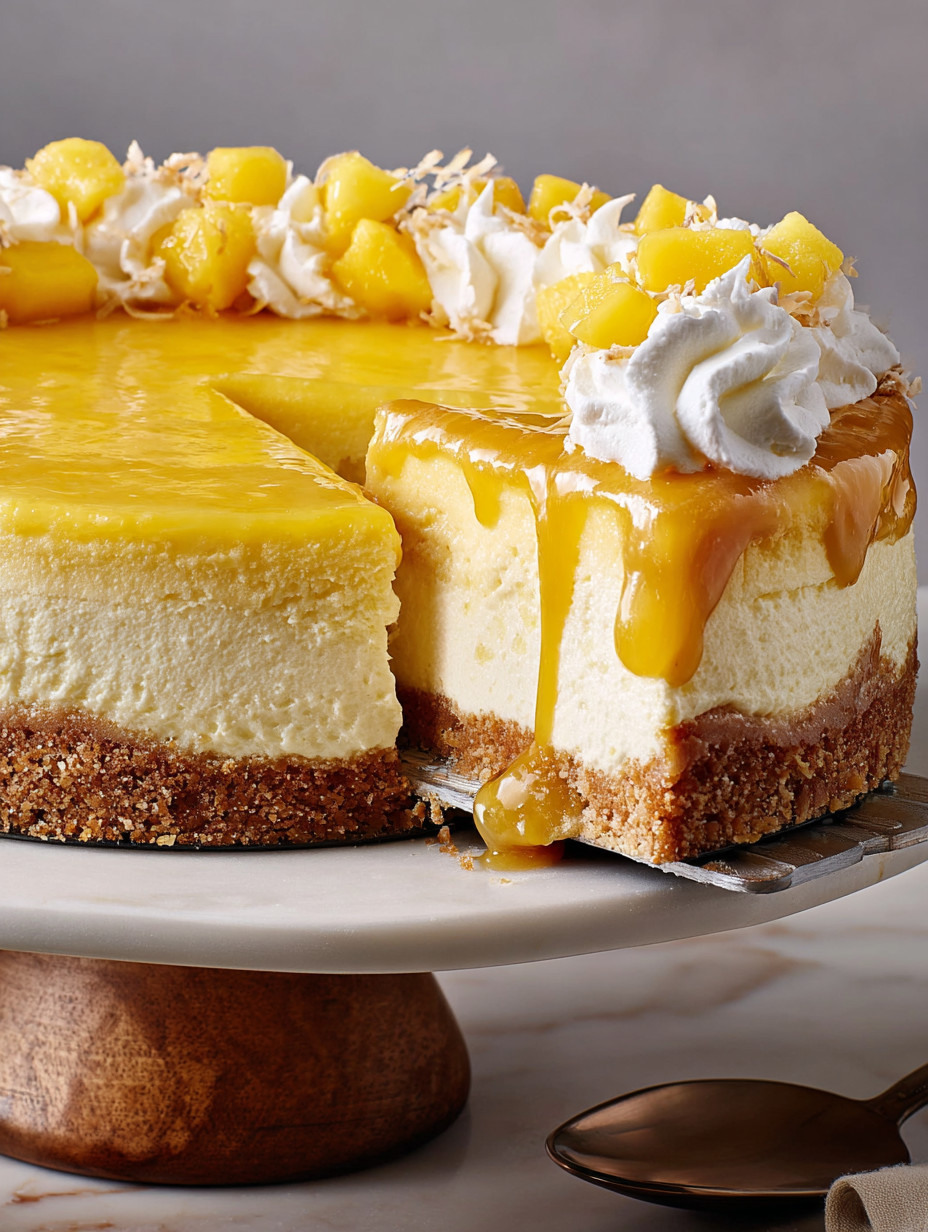 A slice of a mango-key lime cheesecake.