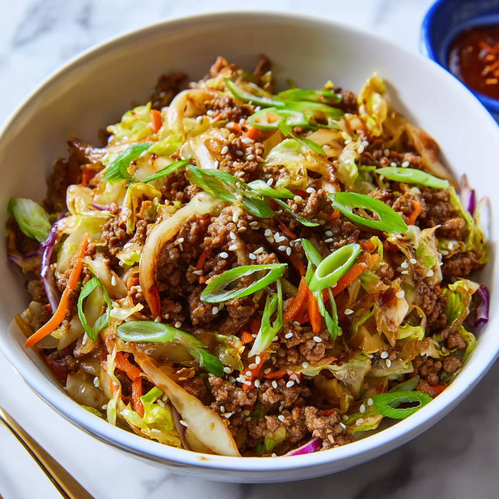 A bowl of egg rolls with meat and vegetables.