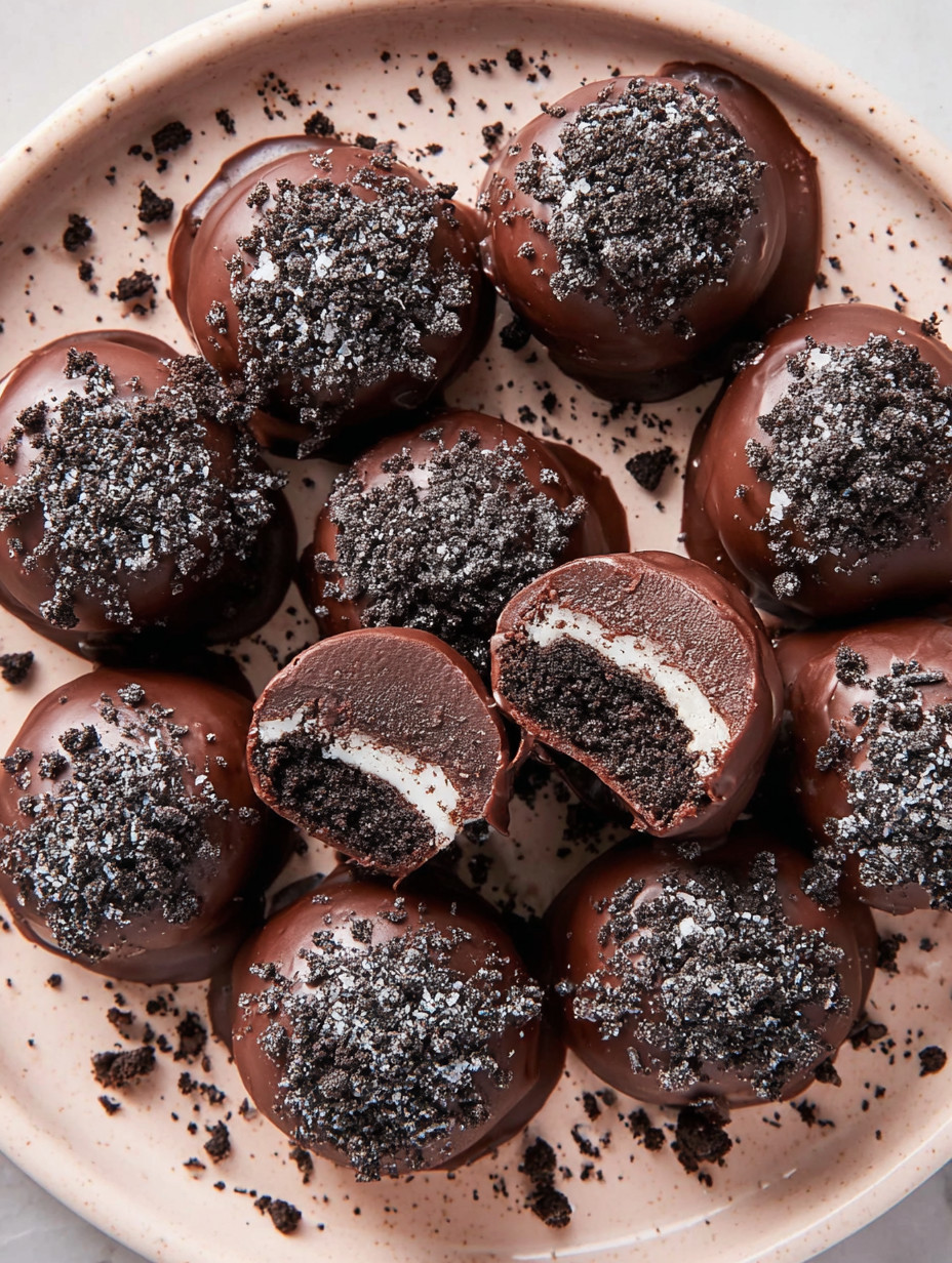A plate of chocolate Oreo cookie balls.