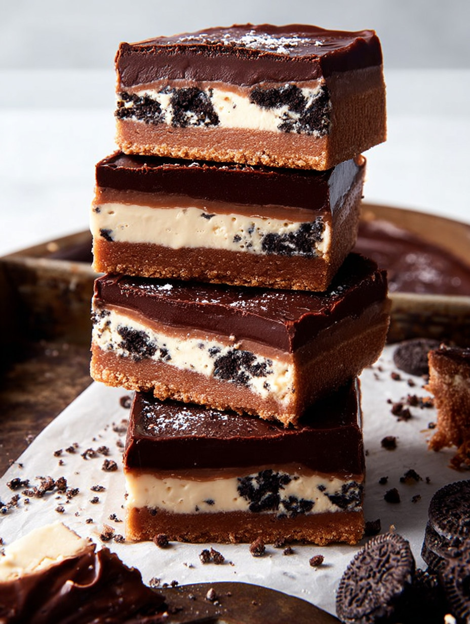 A stack of four chocolate cookies with white cream filling.