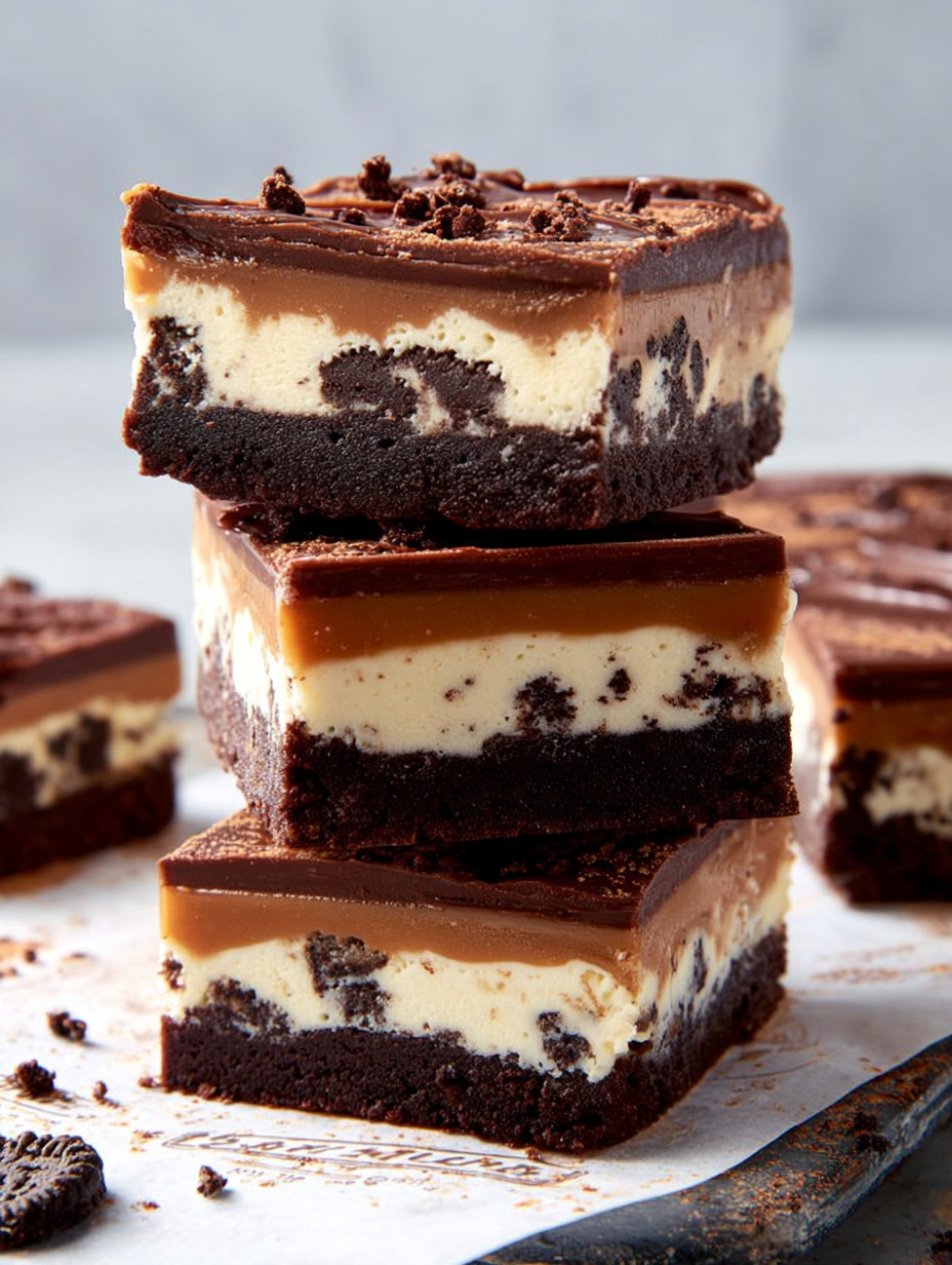 A stack of three chocolate and caramel cookies.