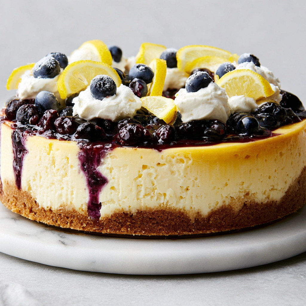 A slice of lemon-blueberry cheesecake.