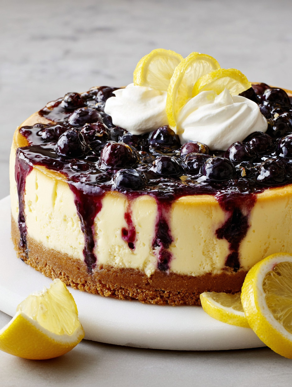 A slice of lemon-blueberry cheesecake.
