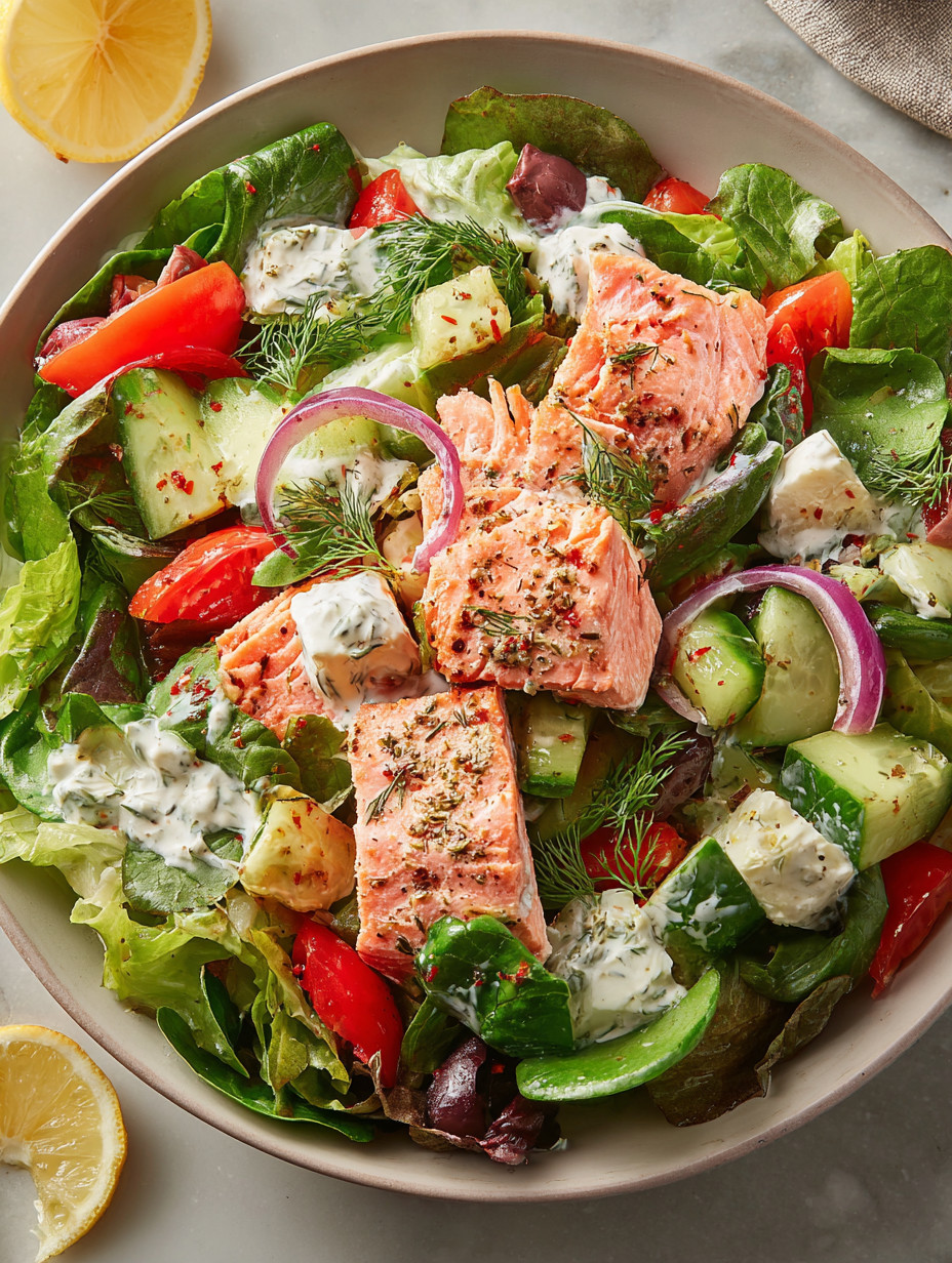 A salad with salmon, cucumbers, tomatoes, and onions.