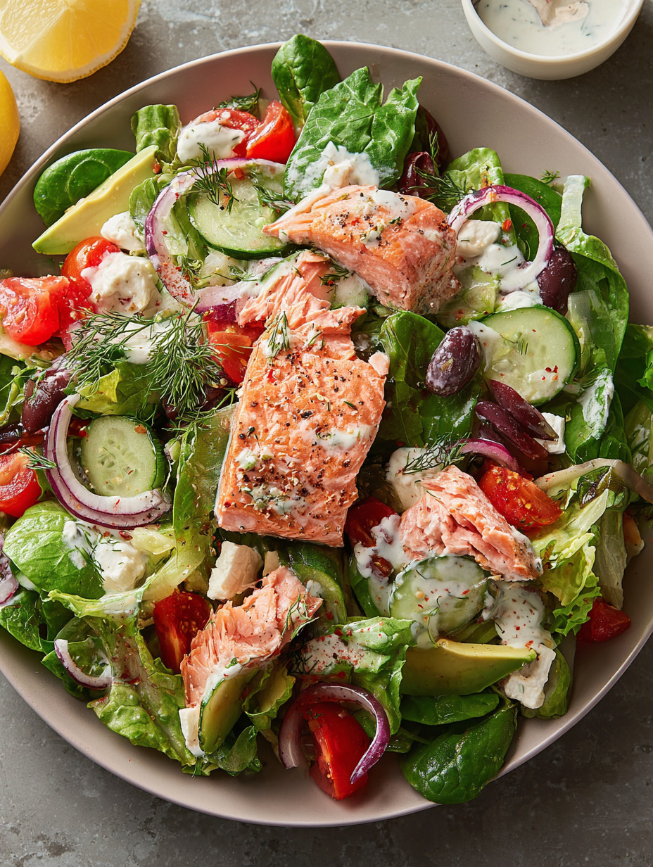 A salad with salmon, cucumbers, tomatoes, and onions.
