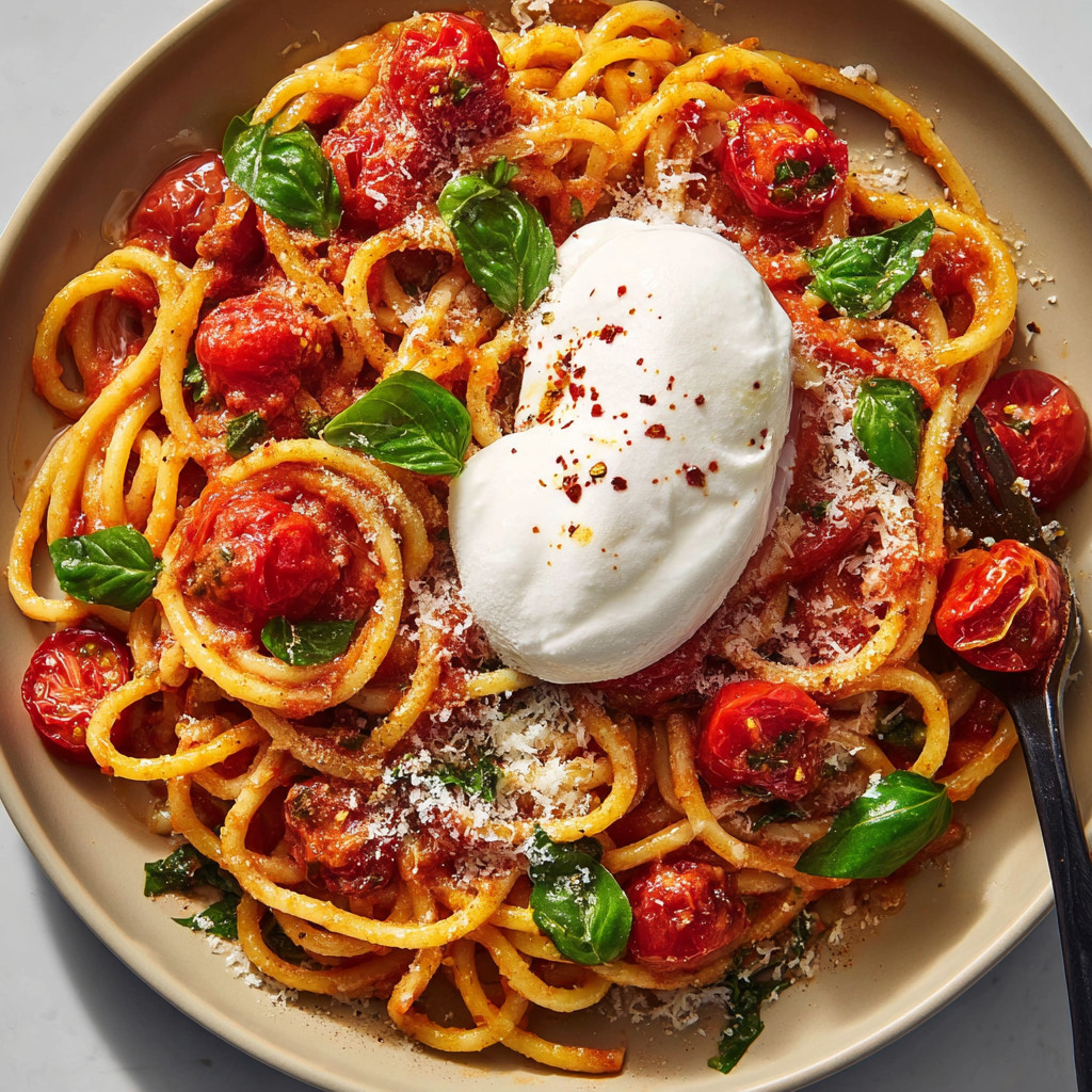 A plate of creamy tomato pasta with burrata.