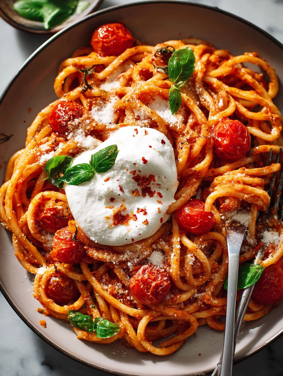 A plate of creamy tomato pasta with burrata.