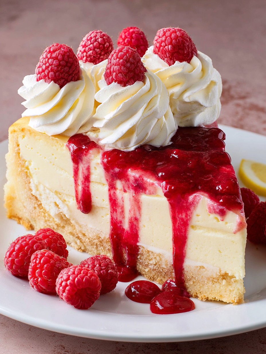 A slice of cheesecake with raspberries and lemon.