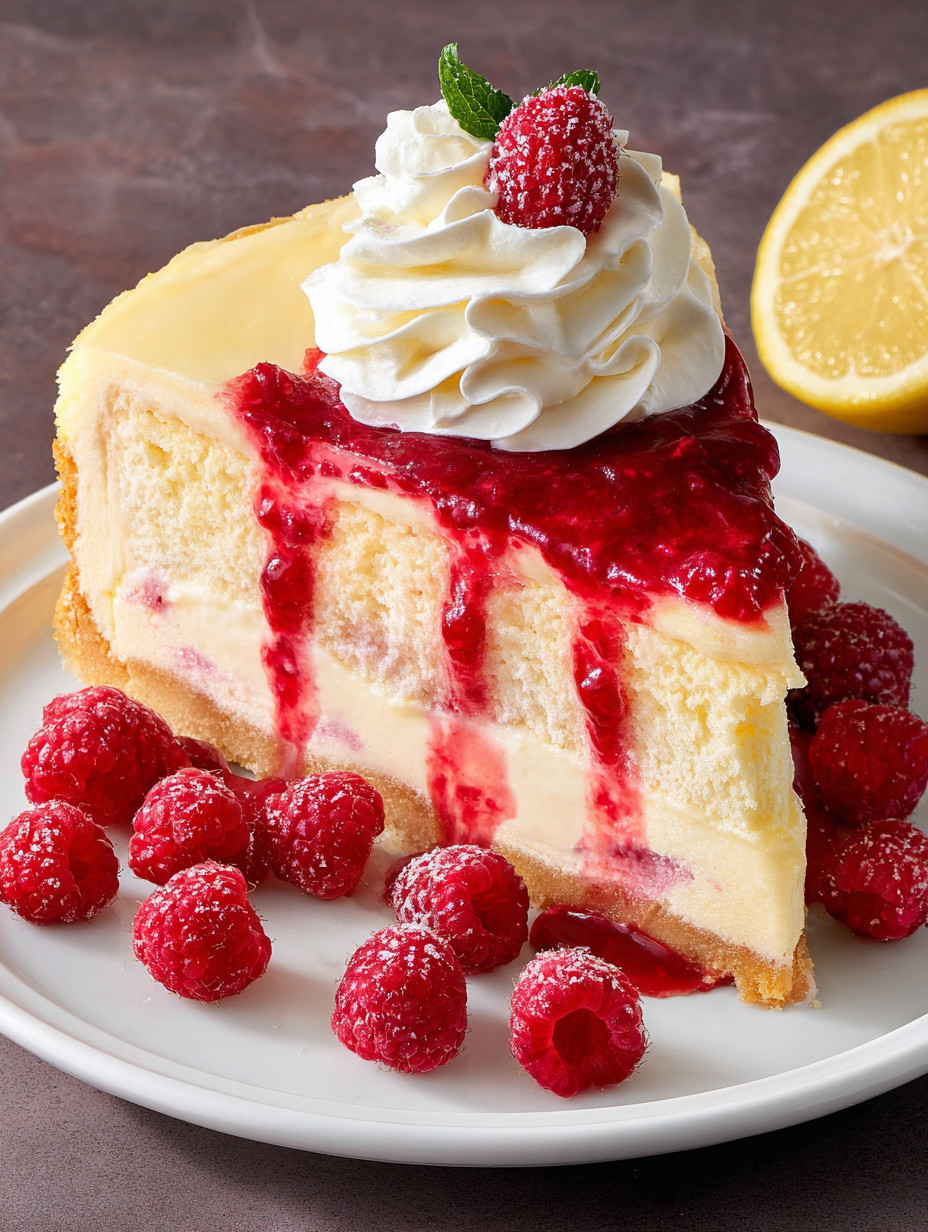 A slice of cheesecake with raspberries and whipped cream.