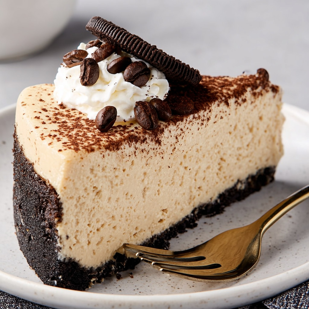 A slice of cheesecake with a chocolate crust and a drizzle of Oreo cookies.