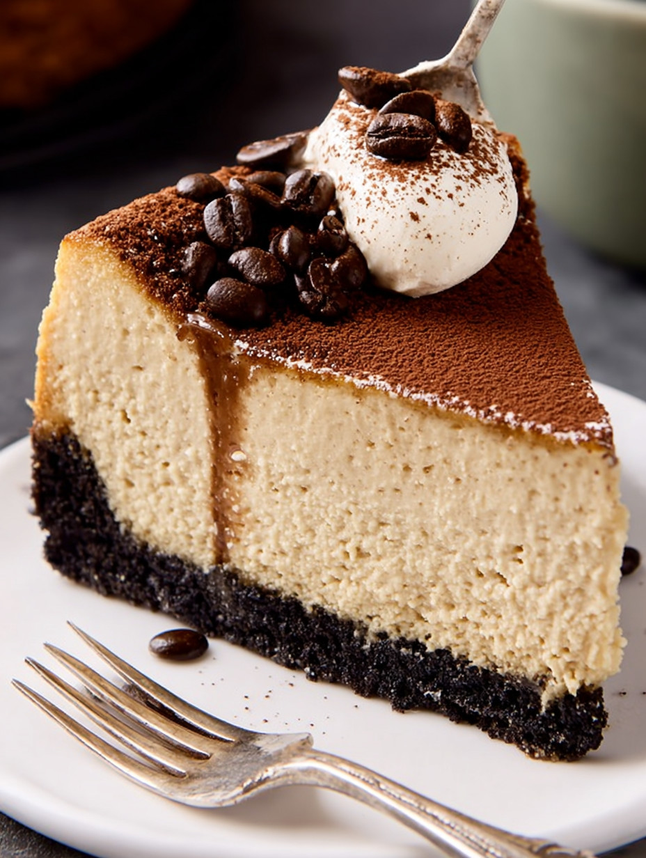 A slice of cheesecake with a dollop of whipped cream and a sprinkle of espresso beans.