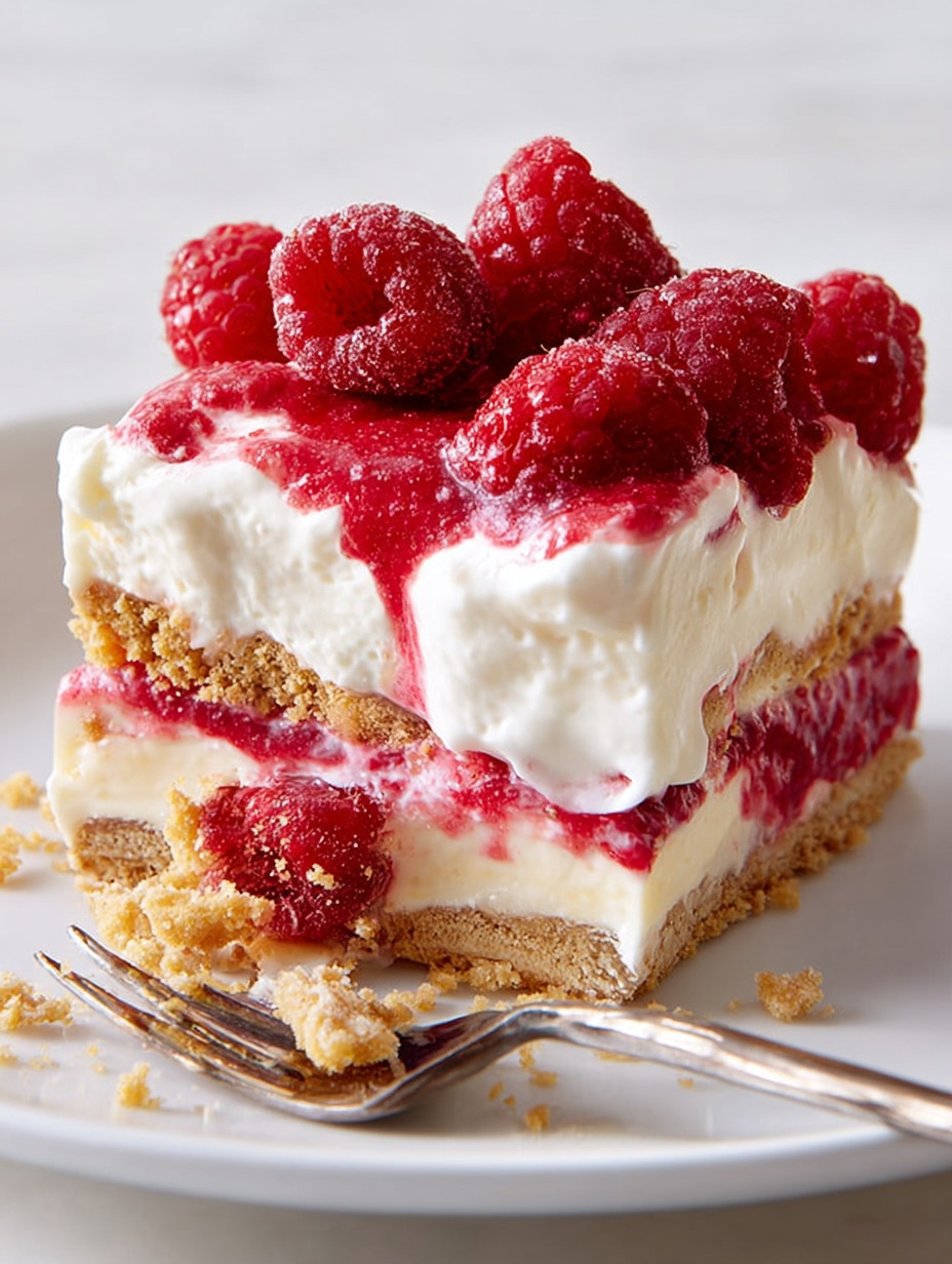 A slice of raspberry cheesecake lasagna.