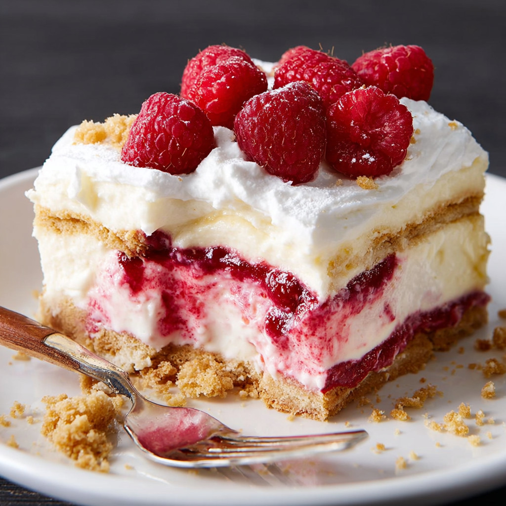 A slice of Raspberry Cheesecake Lasagna.