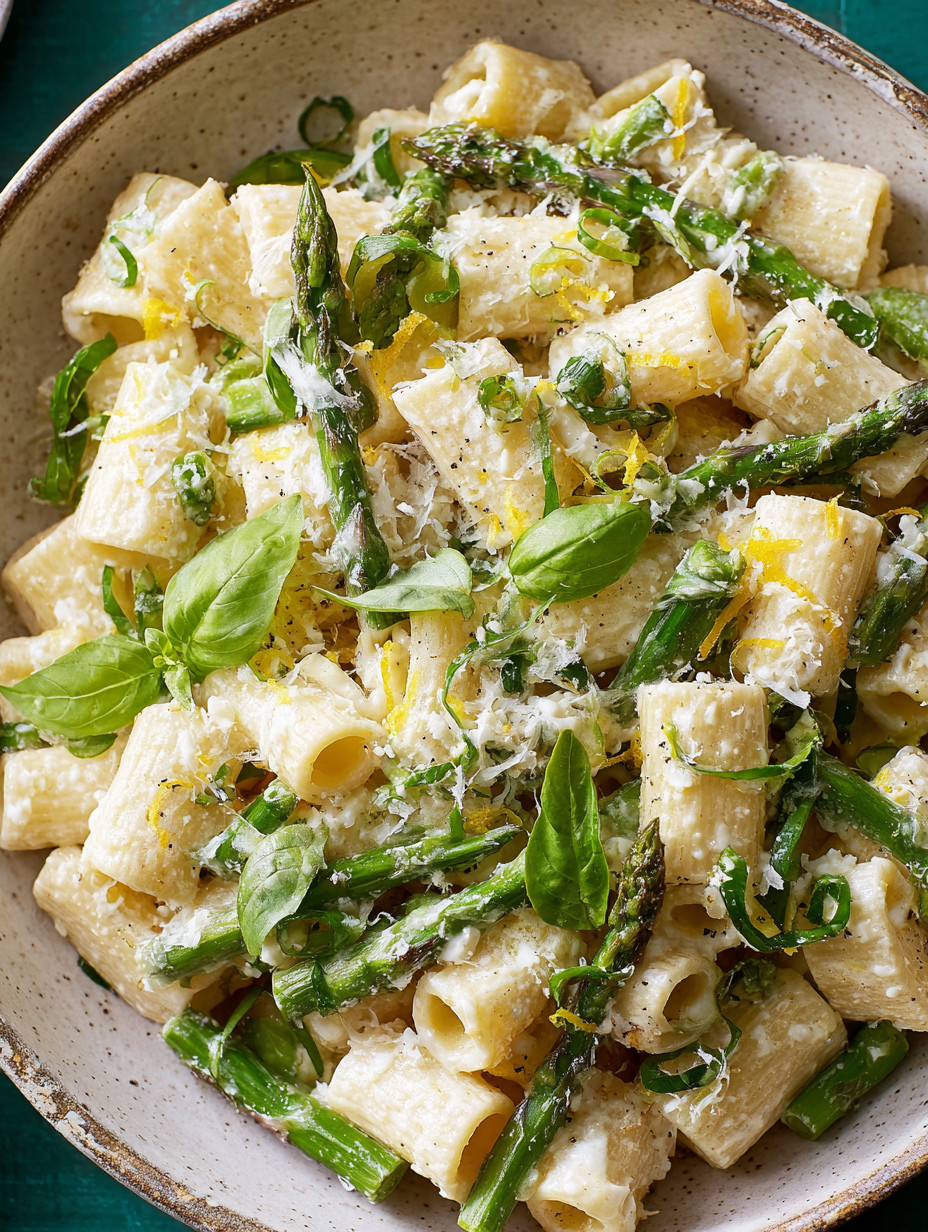 A bowl of pasta salad with asparagus and lemon.