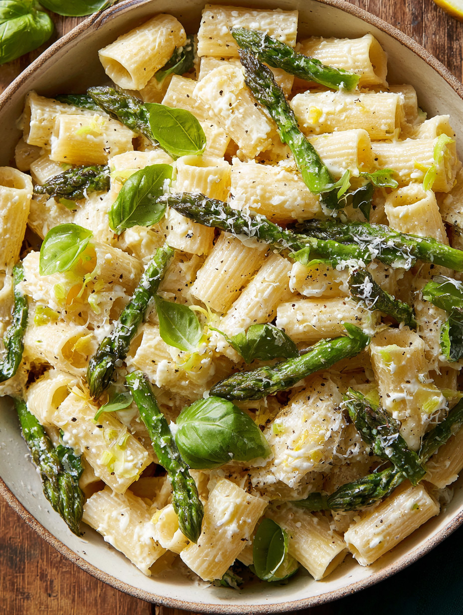 A bowl of pasta salad with asparagus and lemon.