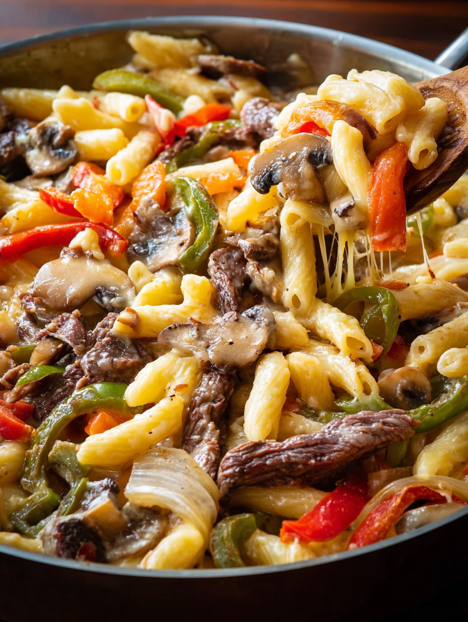 A close up of a delicious Philly Cheesesteak Pasta.