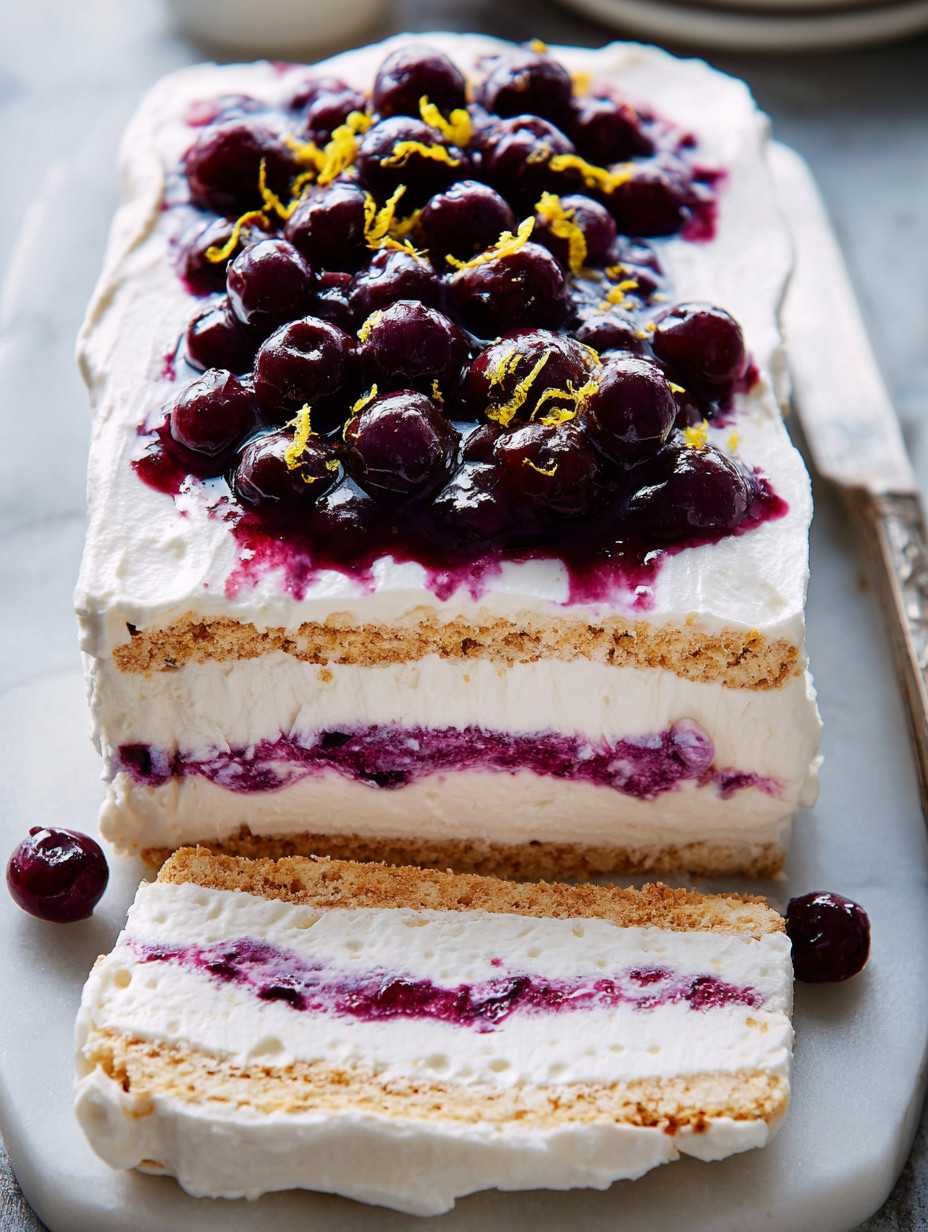 A slice of blueberry cheesecake icebox cake.
