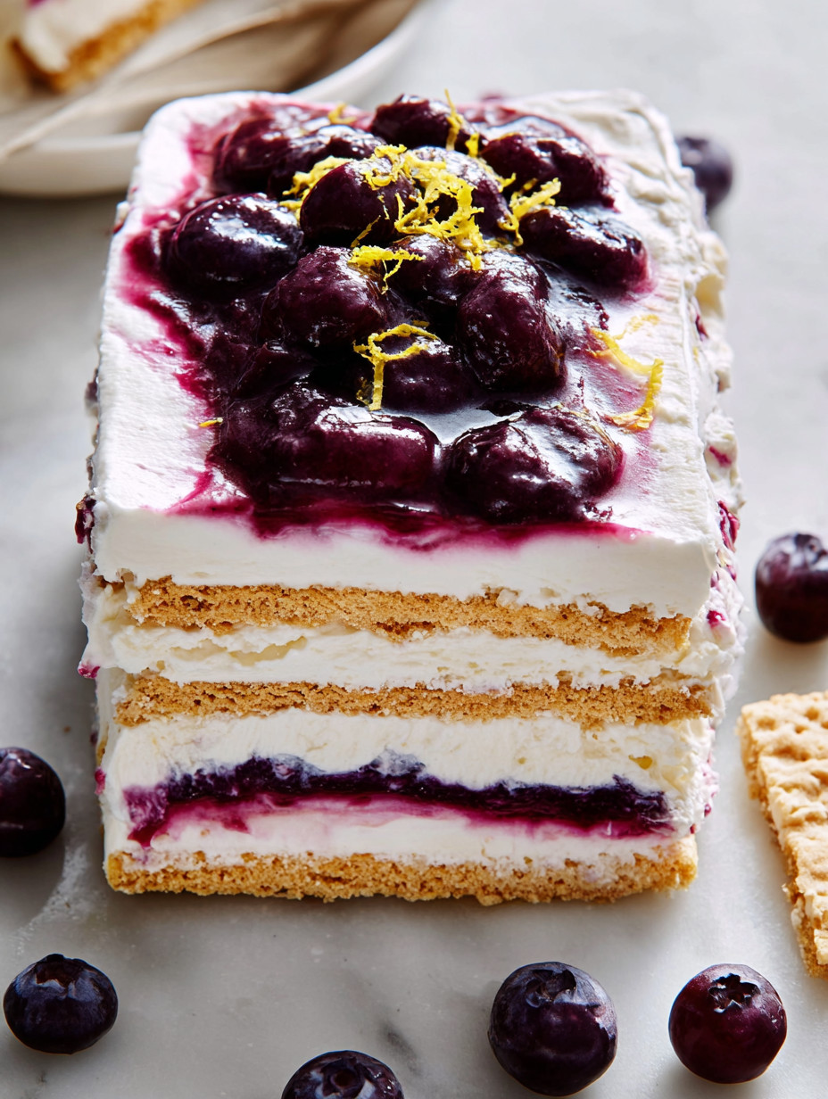 A slice of blueberry cheesecake icebox cake.