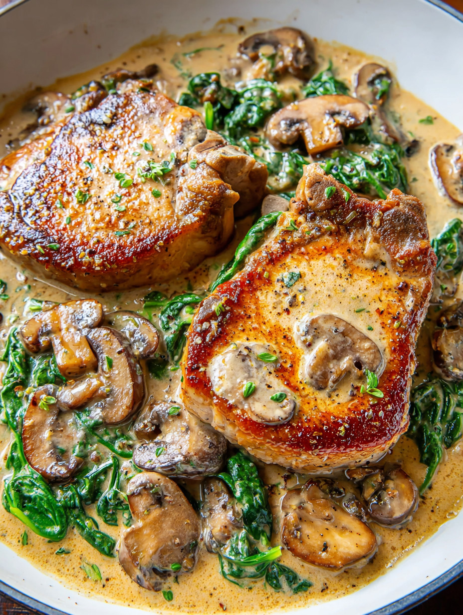 A plate of cooked meat with mushrooms and greens.