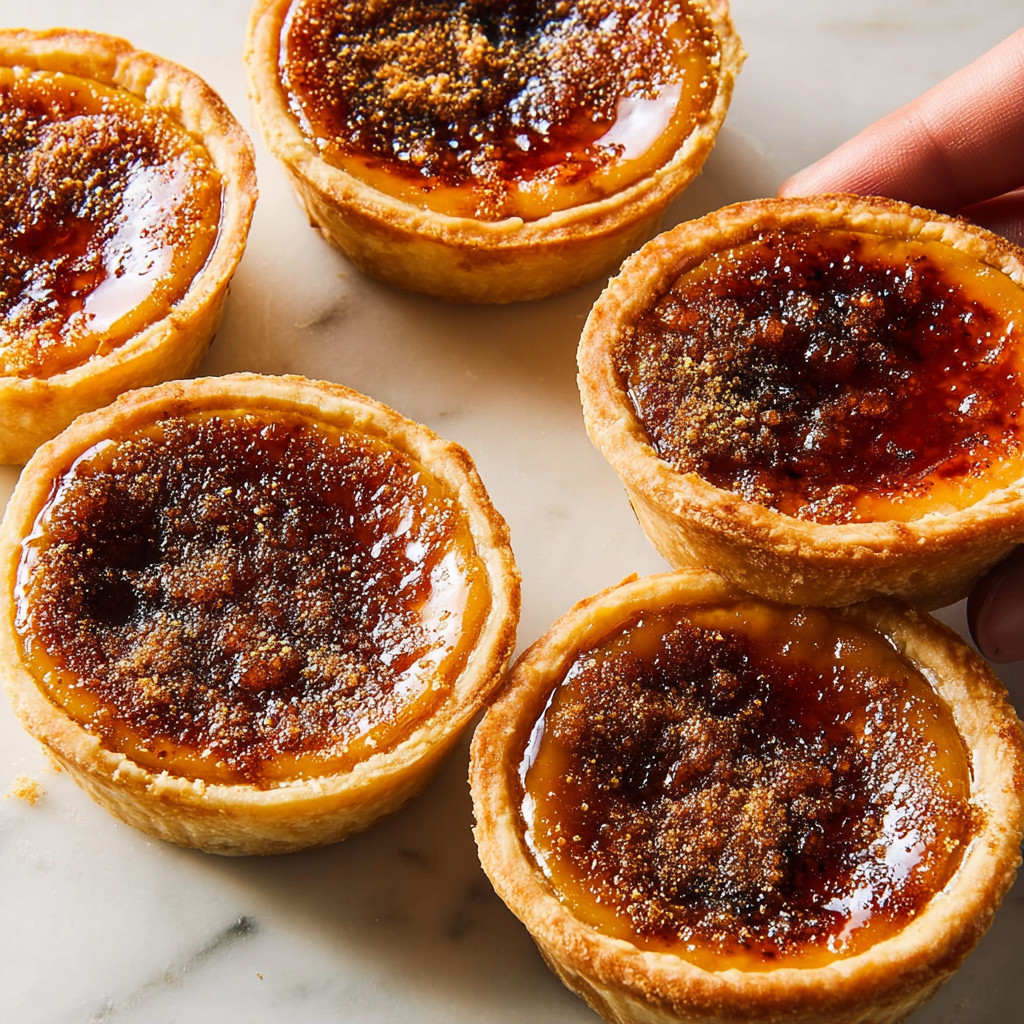 Four mini crème brûlée pumpkin pies on a table.