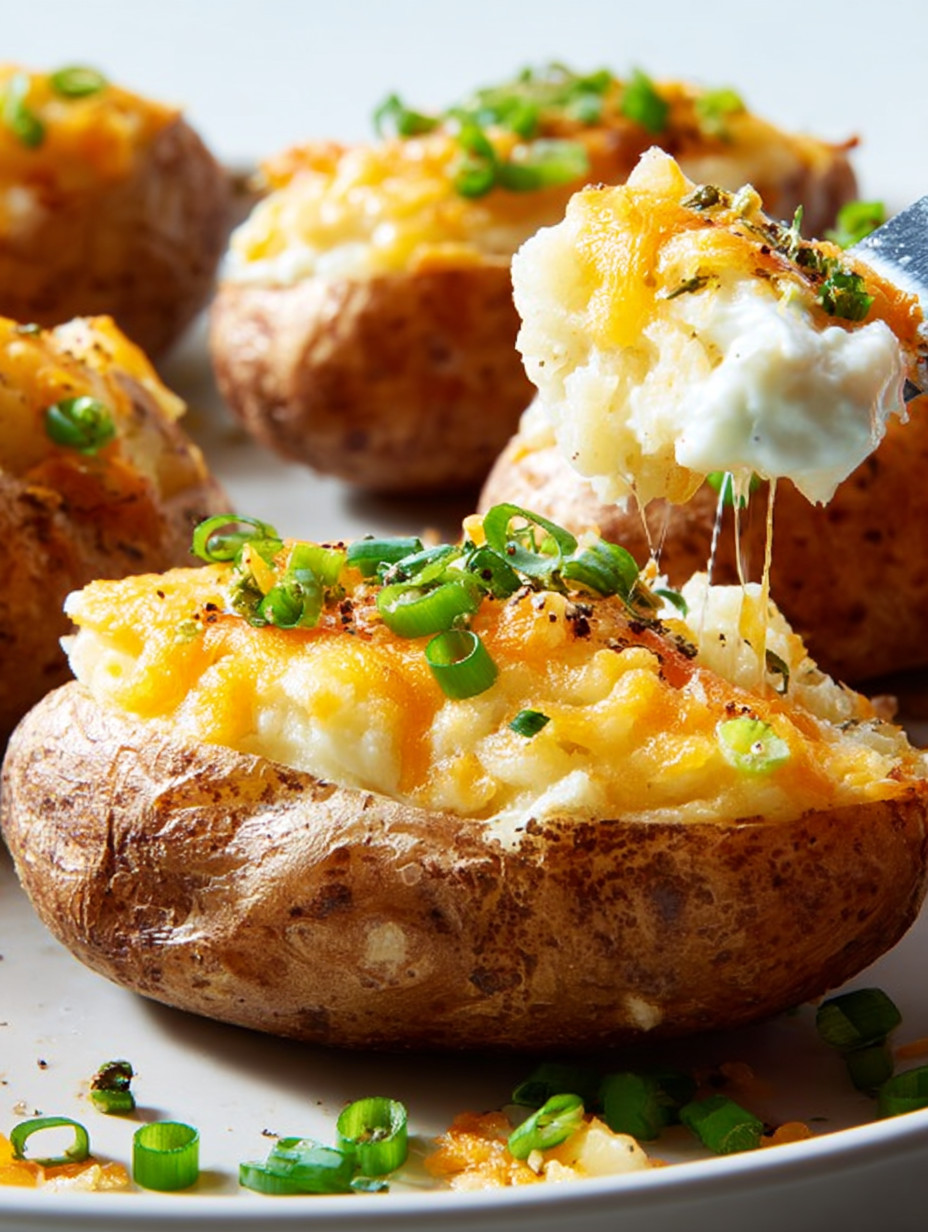 Twice-baked potatoes with cheese and green onions.