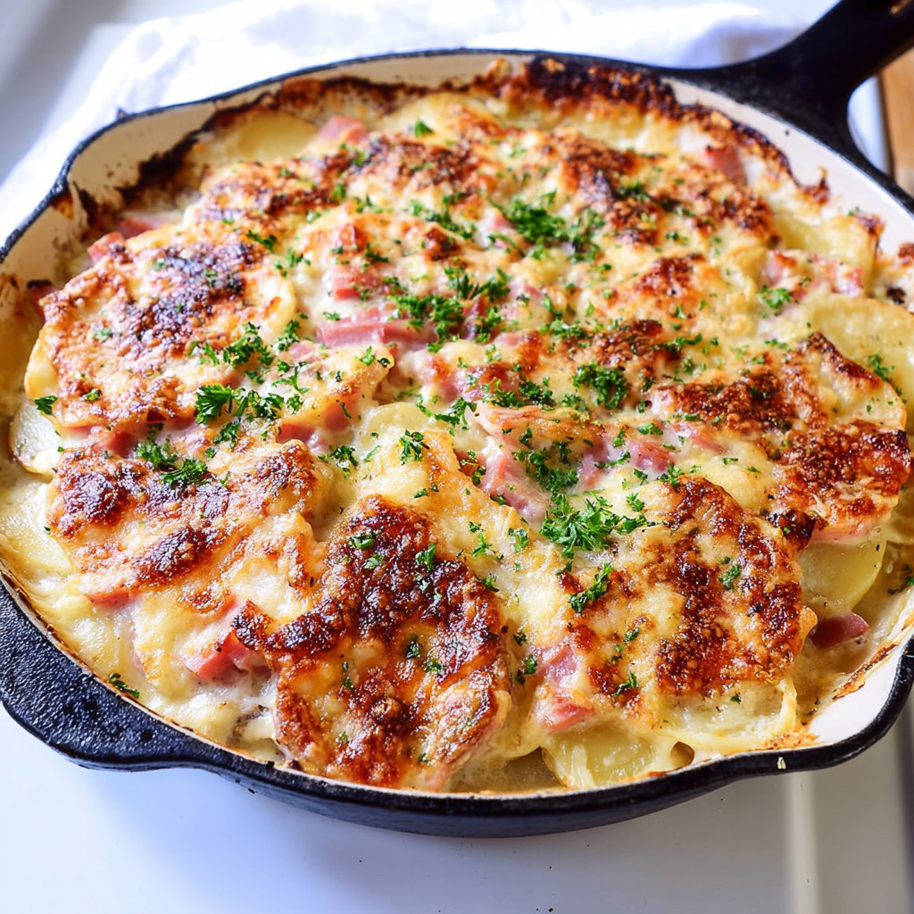 A pan of scalloped potatoes and ham.