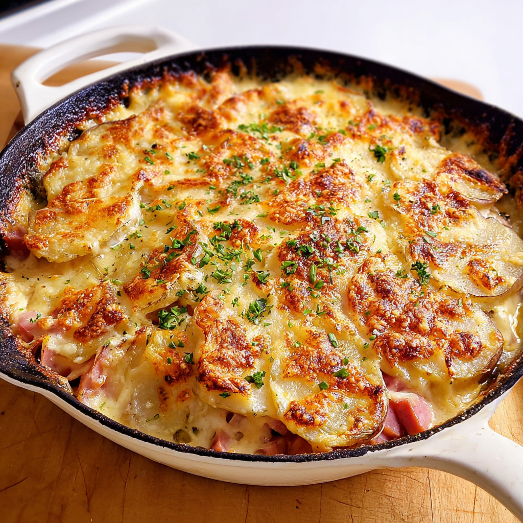 A pan of scalloped potatoes and ham.