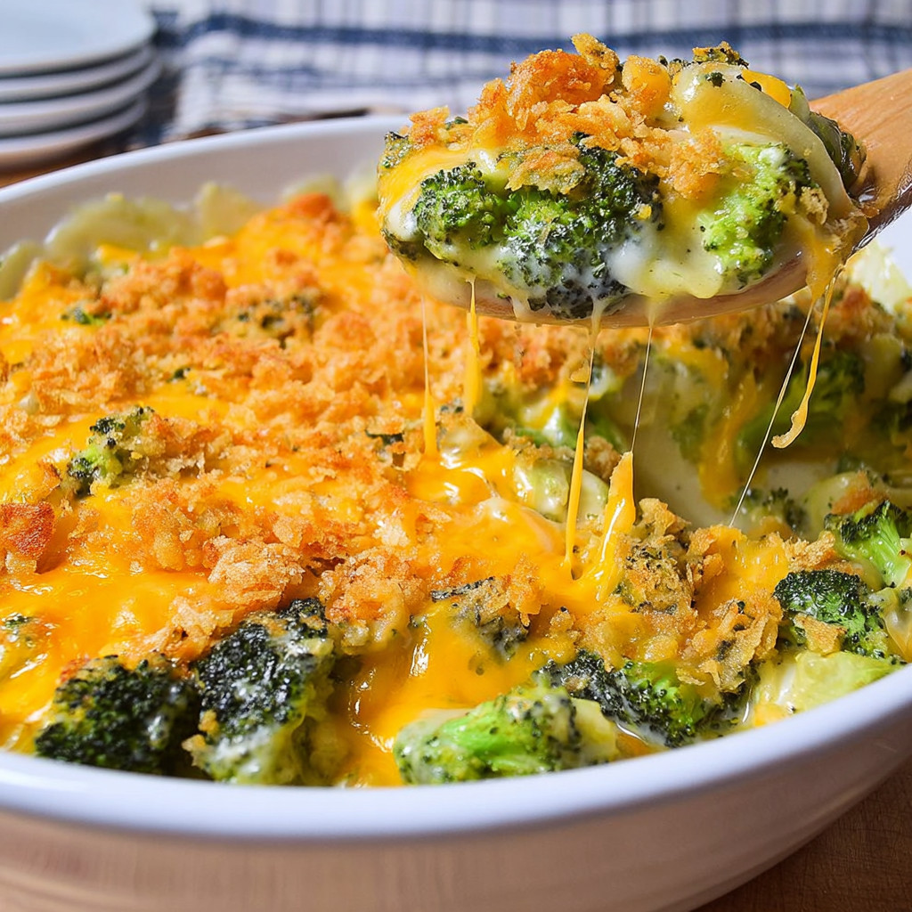 A white bowl filled with a cheesy broccoli casserole.