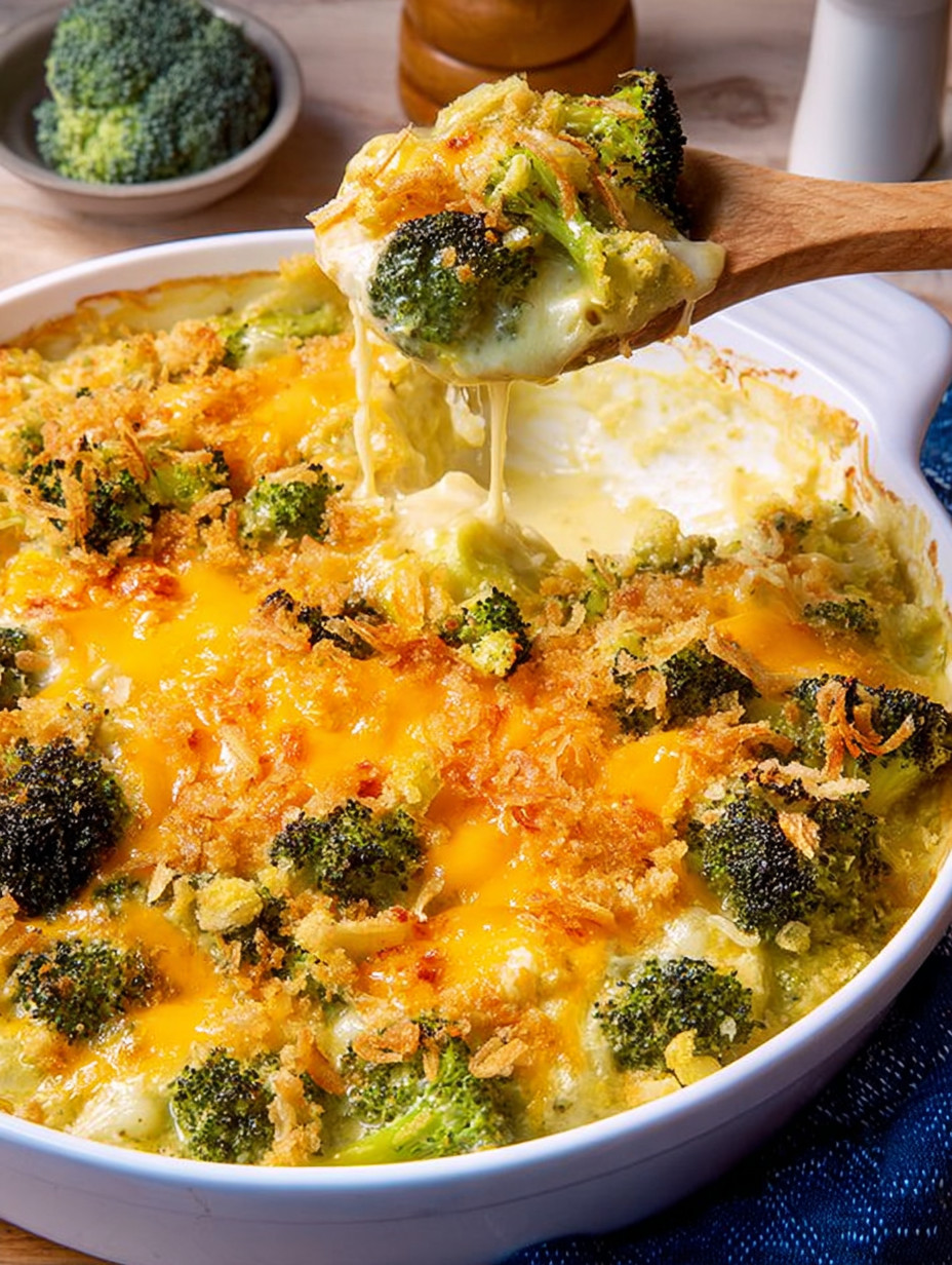 A close up of a broccoli cheese casserole.
