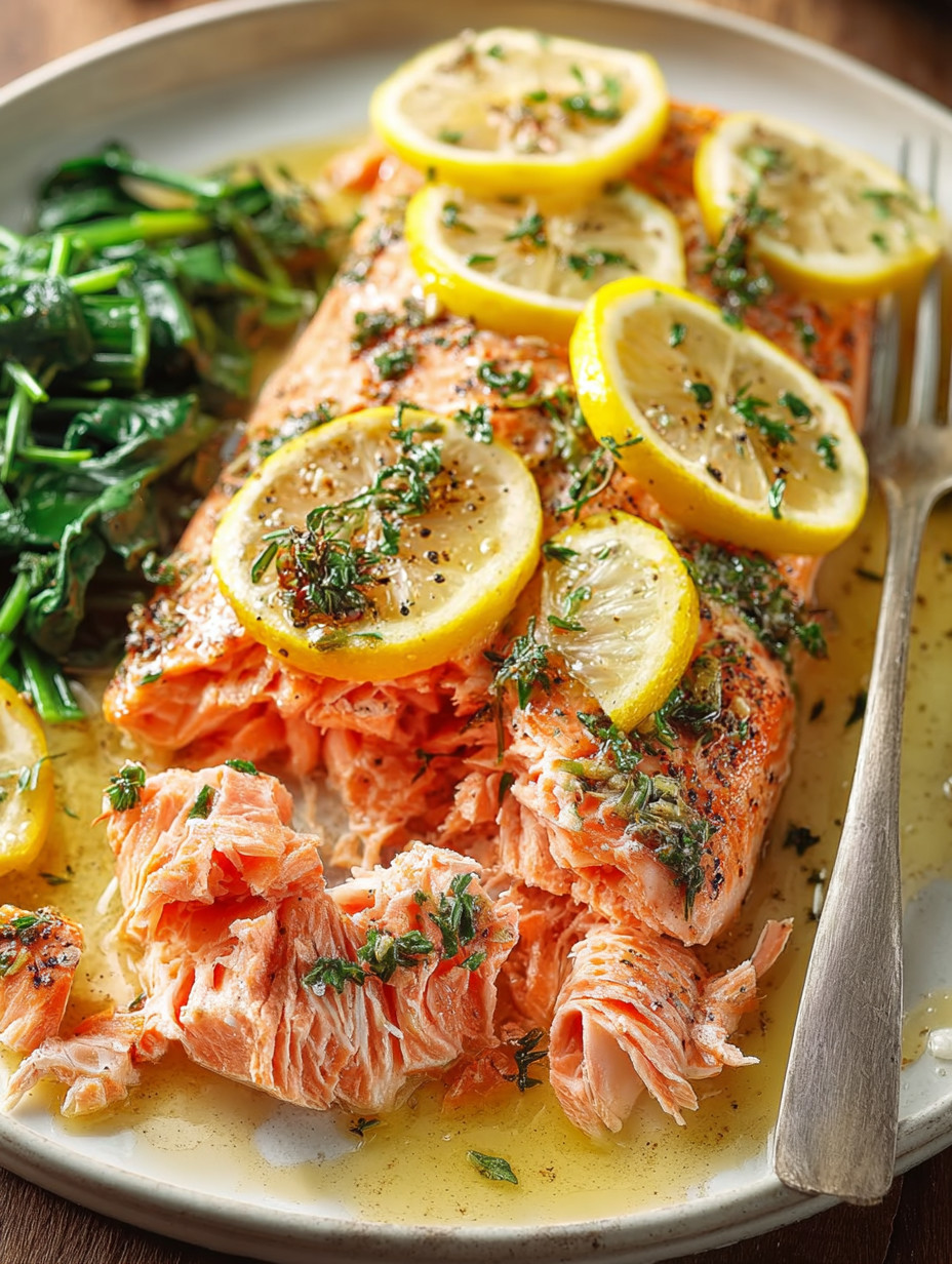 A piece of oven-baked salmon with lemon slices on top.